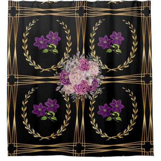 Luxe Zwart Goud Paarse Bloemen Trendy Modern Douchegordijn (Voorkant)