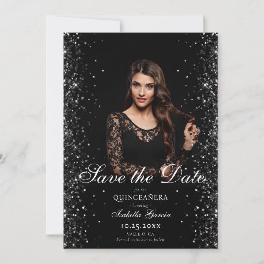 Luxe Zwart Goud Quinceañera Foto Opslaan van de da Aankondiging (Voorkant)