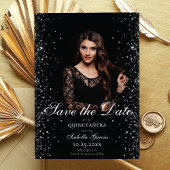 Luxe Zwart Goud Quinceañera Foto Opslaan van de da Aankondiging