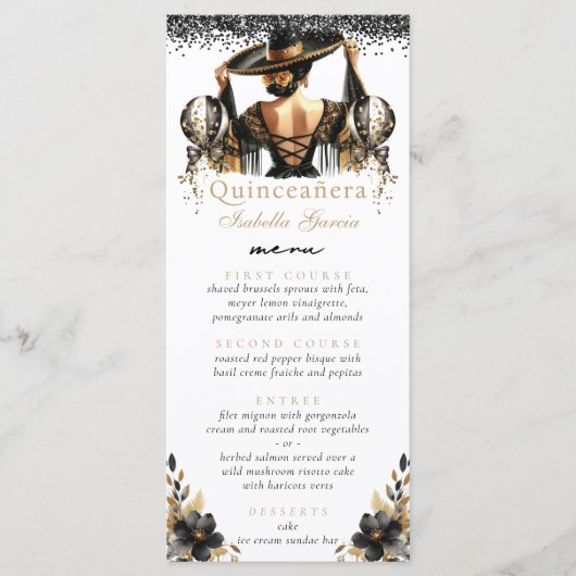 Luxe zwart goud quinceañera menu (Voorkant)