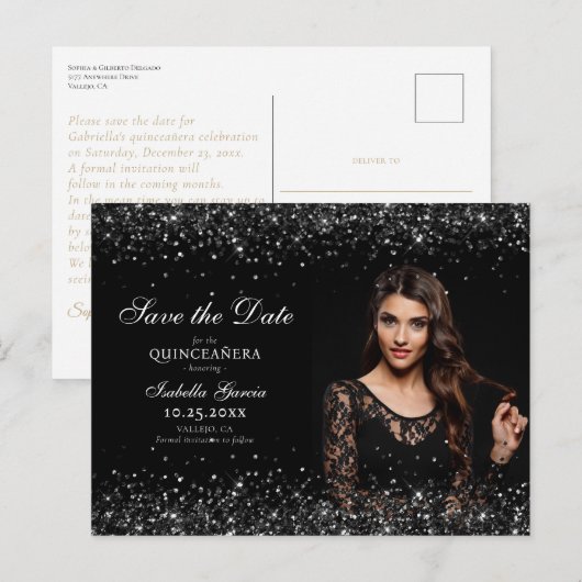 Luxe Zwart Goud Quinceañera Save the Date Briefkaart (Voorkant / Achterkant)