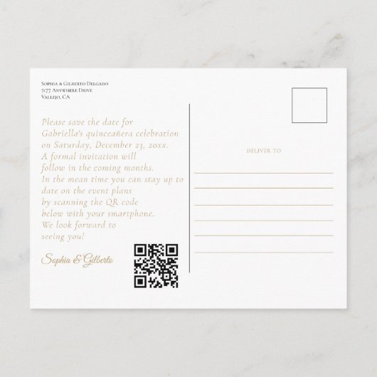 Luxe Zwart Goud Quinceañera Save the Date Briefkaart (Achterkant)