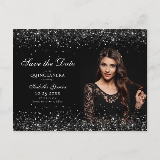 Luxe Zwart Goud Quinceañera Save the Date Briefkaart (Voorkant)