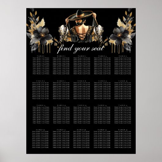 Luxe zwart goud quinceañera zitkaart poster (Voorkant)