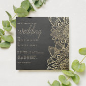 Luxe zwart goud script bloemenmandala bruiloft kaart