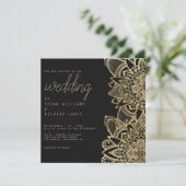 Luxe zwart goud script bloemenmandala bruiloft kaart (Staand voorkant)