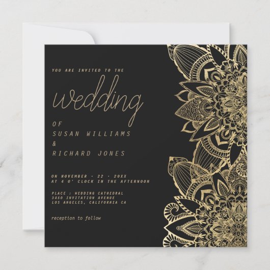 Luxe zwart goud script bloemenmandala bruiloft kaart (Voorkant)