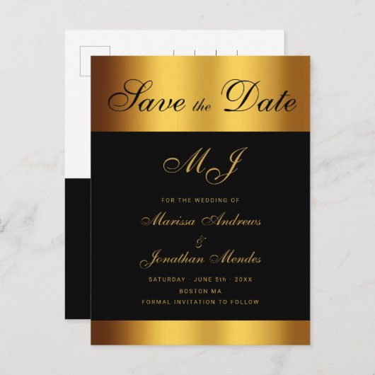 Luxe Zwart Goud Script Bruiloft Save the Date Aankondigingskaart (Voorkant / Achterkant)