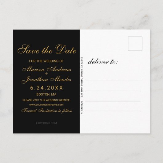 Luxe Zwart Goud Script Bruiloft Save the Date Aankondigingskaart (Achterkant)