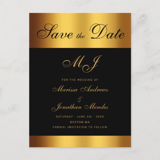 Luxe Zwart Goud Script Bruiloft Save the Date Aankondigingskaart (Voorkant)