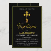 Luxe Zwart & Goud Script Genderneutraal Doopsel Kaart (Voorkant / Achterkant)