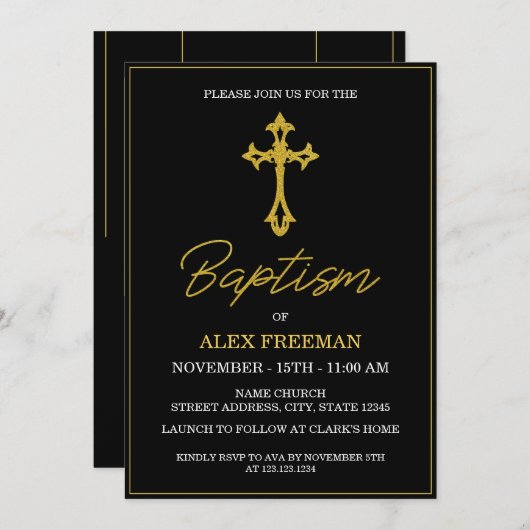 Luxe Zwart & Goud Script Genderneutraal Doopsel Kaart (Voorkant / Achterkant)