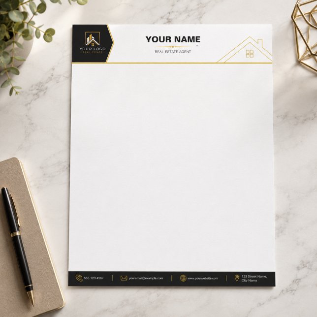 Luxe Zwart Goud Vastgoed Branding Briefhoofd (Luxury Real Estate Letterhead Design | Black Gold Realtor Stationery Mockup)