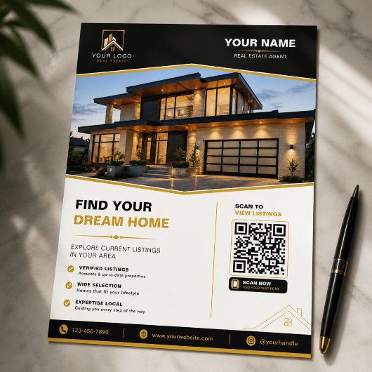 Luxe Zwart Goud Vastgoed QR Design Flyer