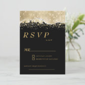 Luxe zwart goud zilver glitter confetti RSVP Kaart (Staand voorkant)