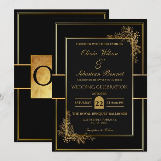 LUXE ZWART & GOUDEN BRUILOFT KAART (Voorkant / Achterkant)