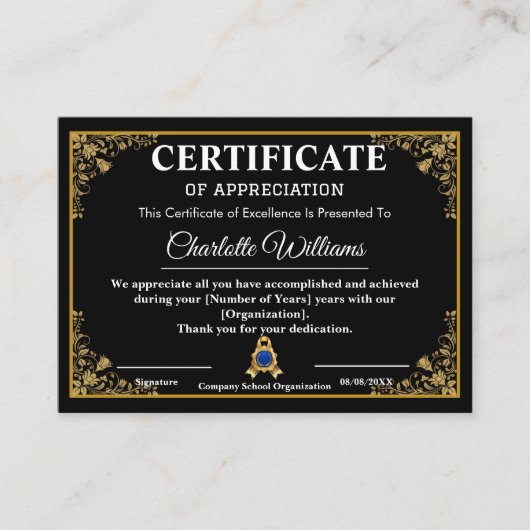 Luxe zwart gouden certificaat van waardering (Voorkant)