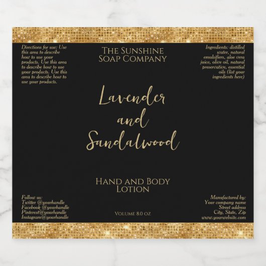 Luxe zwart & gouden glitter cosmetica flesetiket sparkling wijnetiket (Enkel label)