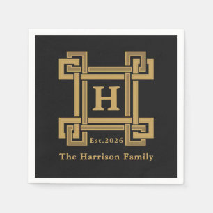 Luxe Zwart Gouden Griekse Sleutel Monogram Servet
