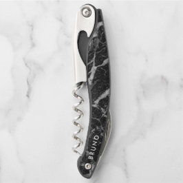 Luxe zwart & grijs namaakmarmer met monogram kurkentrekker