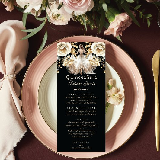 Luxe zwart ivoor & goud quinceañera menu