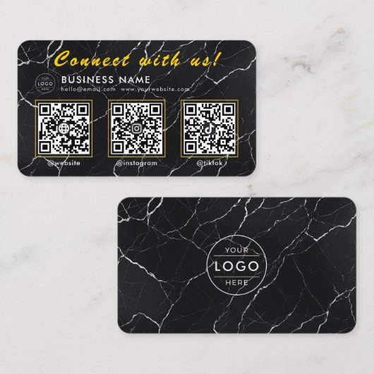 Luxe Zwart Marmer 3 QR Code Multi Social Visitekaartje (Voorkant / Achterkant)