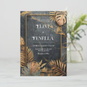 Luxe Zwart Marmer & Goud Tropische VIP Huwelijk Kaart (Staand voorkant)