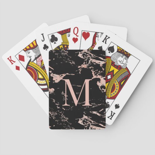 Luxe zwart marmeren Roos Gold Folie Monogram Pokerkaarten (Achterkant)
