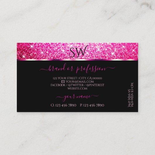 Luxe Zwart Meisje Roze Glitter Stars Initialen Visitekaartje (Achterkant)