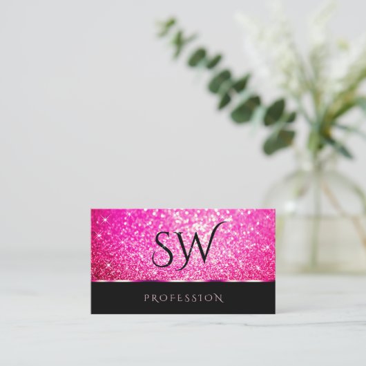 Luxe Zwart Meisje Roze Glitter Stars Initialen Visitekaartje (Staand voorkant)