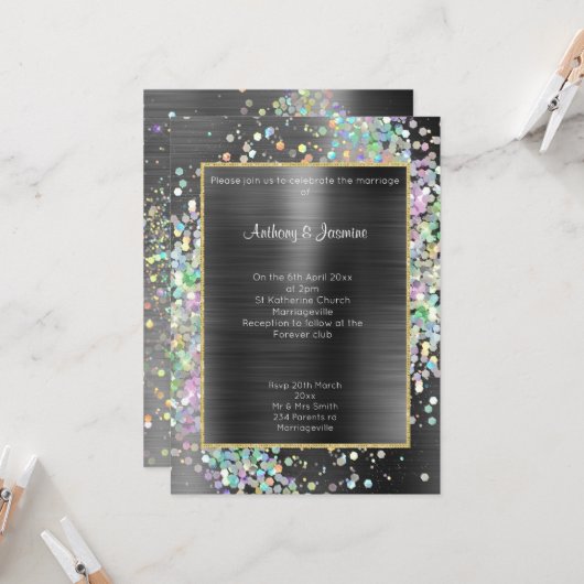LUXE ZWART METALLIC HOLOGRAFISCHE PASTEL WEDING KAART (Voorkant / Achterkant in situ)