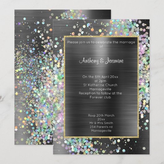 LUXE ZWART METALLIC HOLOGRAFISCHE PASTEL WEDING KAART (Voorkant / Achterkant)