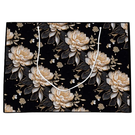 Luxe zwart pioenbloempatroon elegant parelmoer groot cadeauzakje (Voorkant)