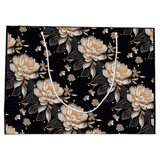 Luxe zwart pioenbloempatroon elegant parelmoer groot cadeauzakje (Achterkant)
