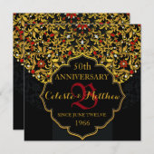 Luxe zwart rood goud 50ste verjaardag uitnodiging (Voorkant / Achterkant)