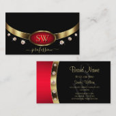 Luxe zwart rood goud met initialen en diamanten visitekaartje (Voorkant / Achterkant)