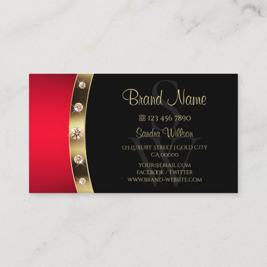 Luxe zwart rood goud met initialen en diamanten visitekaartje (Achterkant)