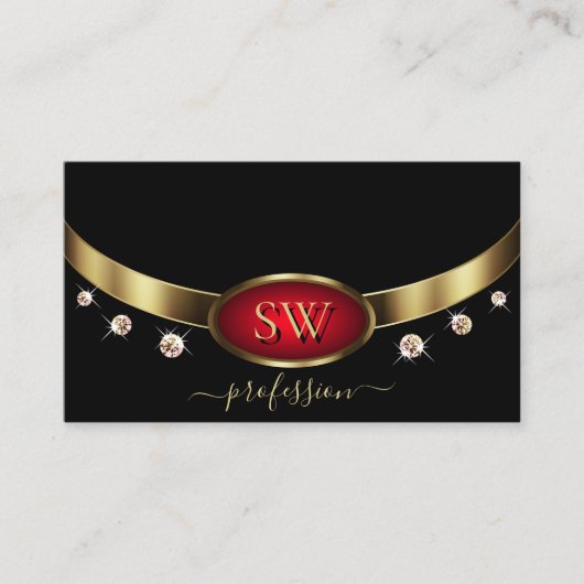 Luxe zwart rood goud met initialen en diamanten visitekaartje (Voorkant)