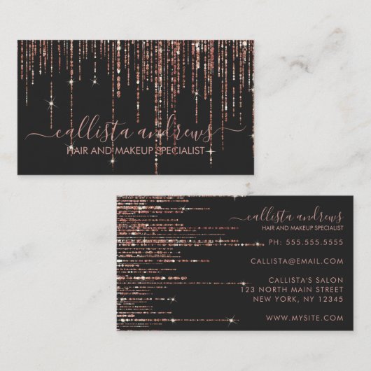 Luxe Zwart Roos Gouden Glitter Fringe Gordijn Visitekaartje (Voorkant / Achterkant)