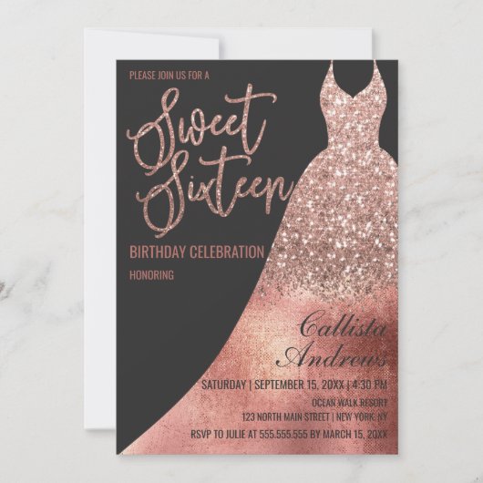 Luxe Zwart Roos Gouden Glitter Jurk Sweet 16 Kaart (Voorkant)