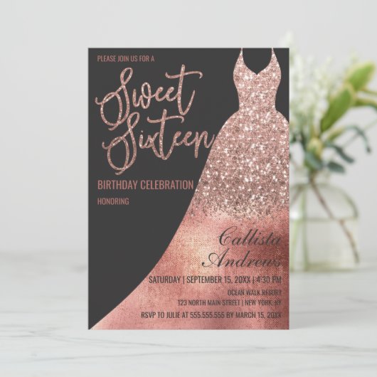 Luxe Zwart Roos Gouden Glitter Jurk Sweet 16 Kaart (Staand voorkant)