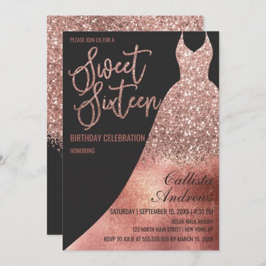 Luxe Zwart Roos Gouden Glitter Jurk Sweet 16 Kaart (Voorkant / Achterkant)