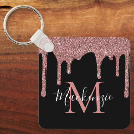 Luxe Zwart Roze Goud Glitter Druppels Monogram Sleutelhanger