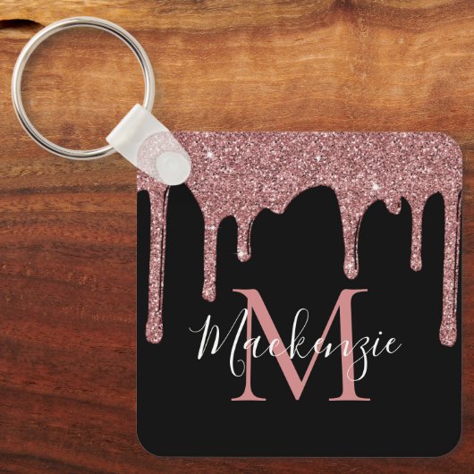Luxe Zwart Roze Goud Glitter Druppels Monogram Sleutelhanger (Voorkant)