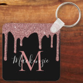 Luxe Zwart Roze Goud Glitter Druppels Monogram Sleutelhanger (Achterkant)
