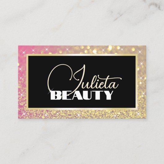 Luxe Zwart Roze Gouden Sparkle Glitter en Foto Visitekaartje (Voorkant)