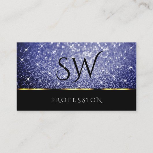 Luxe Zwart Shimmery Royal Blue Glitters Initialen Visitekaartje (Voorkant)