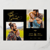 Luxe Zwart Trendige 2 foto's Echte Gouden Folie Uitnodiging (Voorkant)