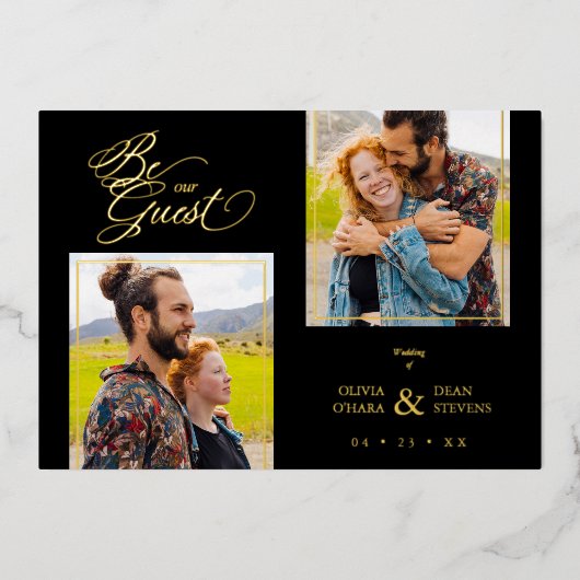 Luxe Zwart Trendige 2 foto's Echte Gouden Folie Uitnodiging (Voorkant)