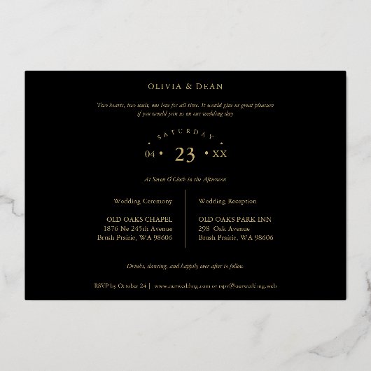 Luxe Zwart Trendige 2 foto's Echte Gouden Folie Uitnodiging (Achterkant)